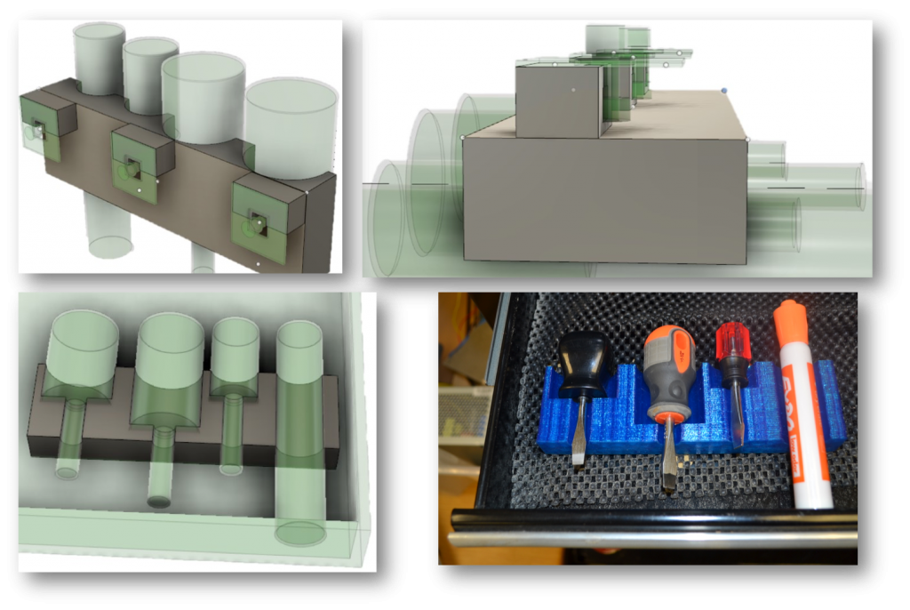 Picture of 3D models and a printout