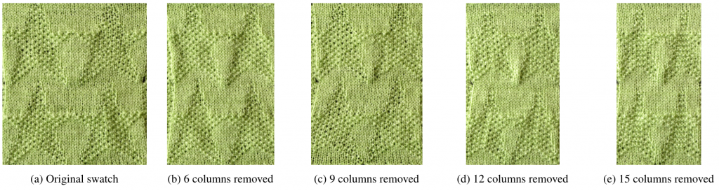 A series of five images, each progressively skinnier than the previous. Each image is a knitted texture with 4 stars on it. They are labeled (a) original swatch (b) 6 columns removed (c) 9 columns removed (d) 12 columns removed (e) 15 columns removed